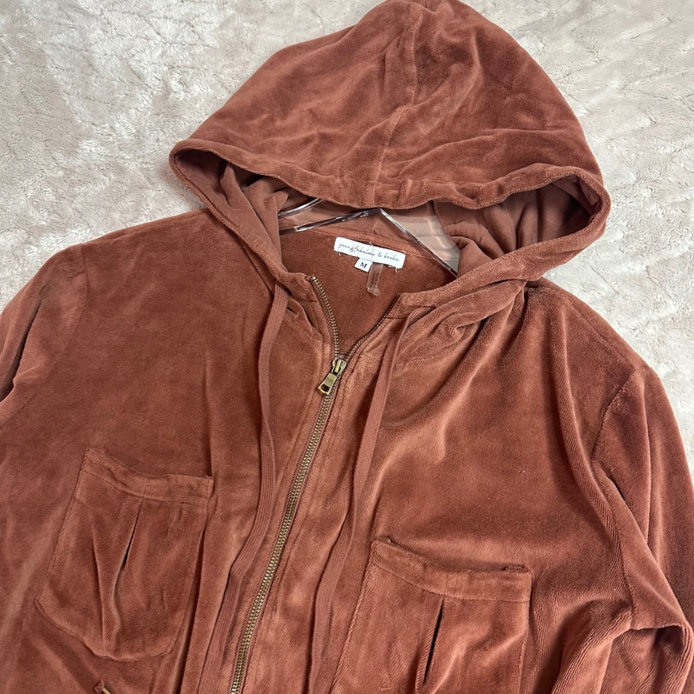 Young Fabulous & Broke Womens Brown Cropped Jacket Velour Full-Zip Hooded Medium - Picture 4 of 6